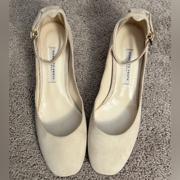 Roberto Festa Ankle Strap Heels Women size 8.5(39)Cream Suede Leather Block Shoe main image 9